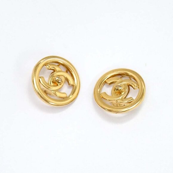 CHANEL Turnlock Turn lock Round Clip-On Earrings Gold Tone 97P Auth w/Box l109 - Picture 5 of 6